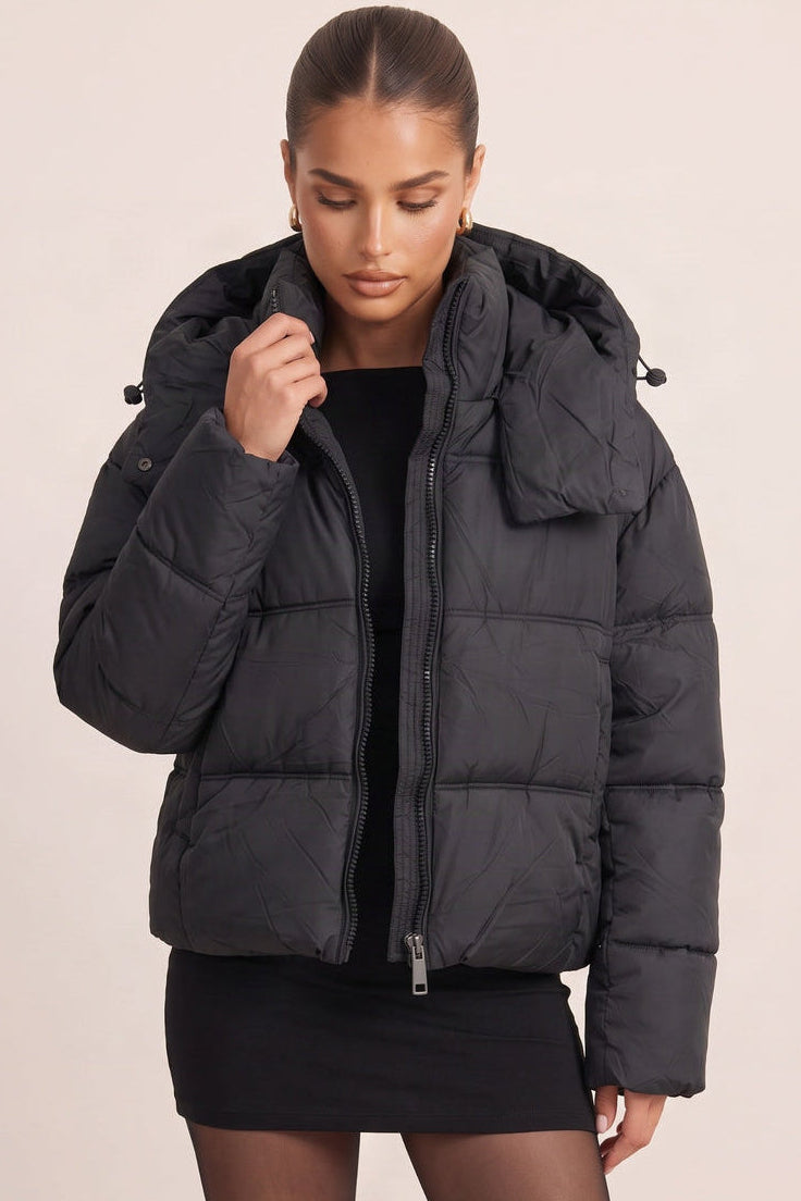 Black High Neck Hooded Cropped Puffer Coat - Cole