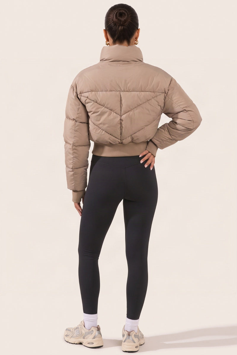 Stone High Neck Cinched Waist Puffer Jacket - Ravanna