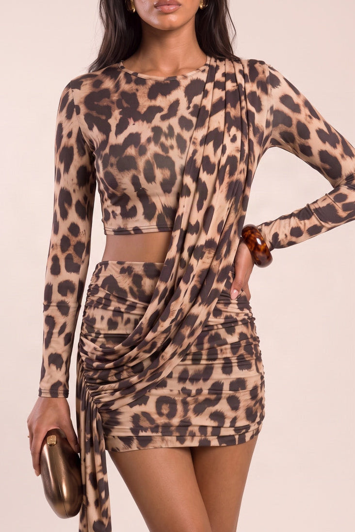 Brown Leopard Print Slinky Cut Out Wrap Detail Long Sleeve Mini Dress - Slater