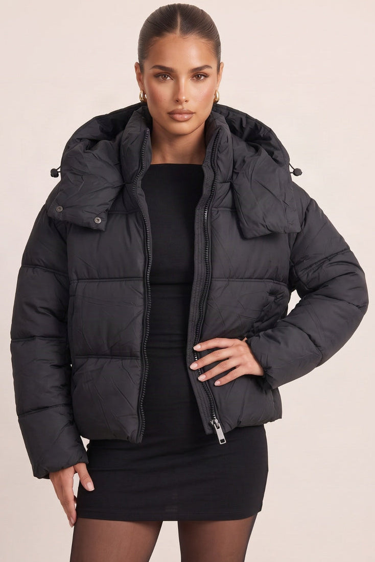 Black High Neck Hooded Cropped Puffer Coat - Cole