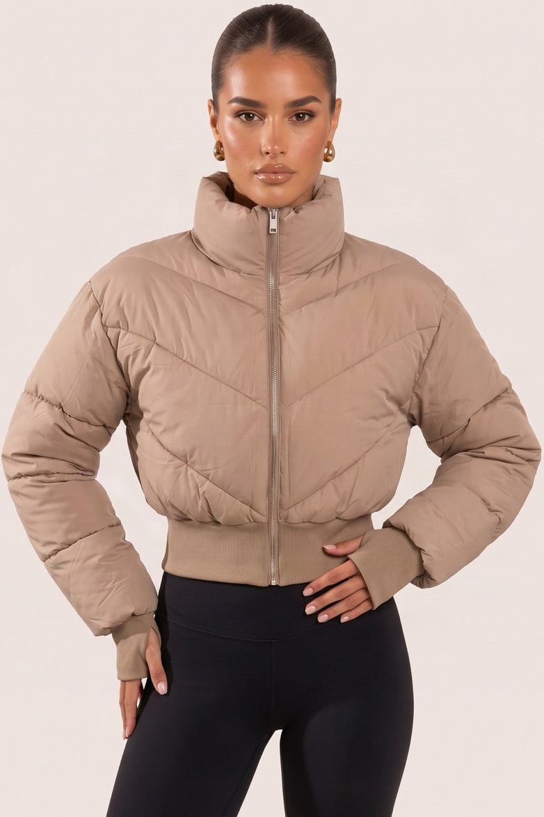 Stone High Neck Cinched Waist Puffer Jacket - Ravanna