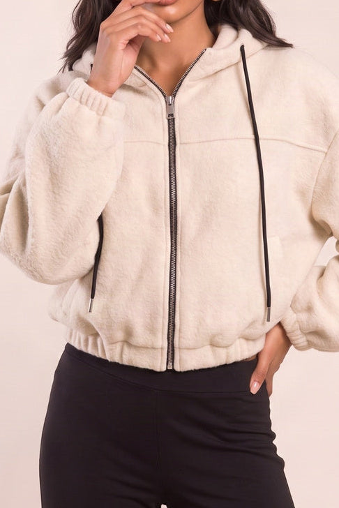 Beige Borg Zip Up Oversized Hooded Jacket - Miley