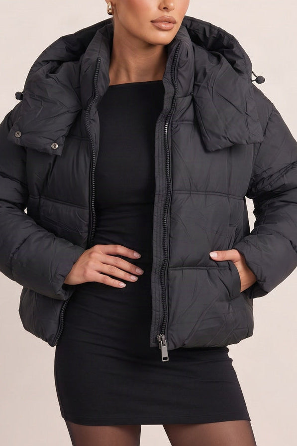 Black High Neck Hooded Cropped Puffer Coat - Cole