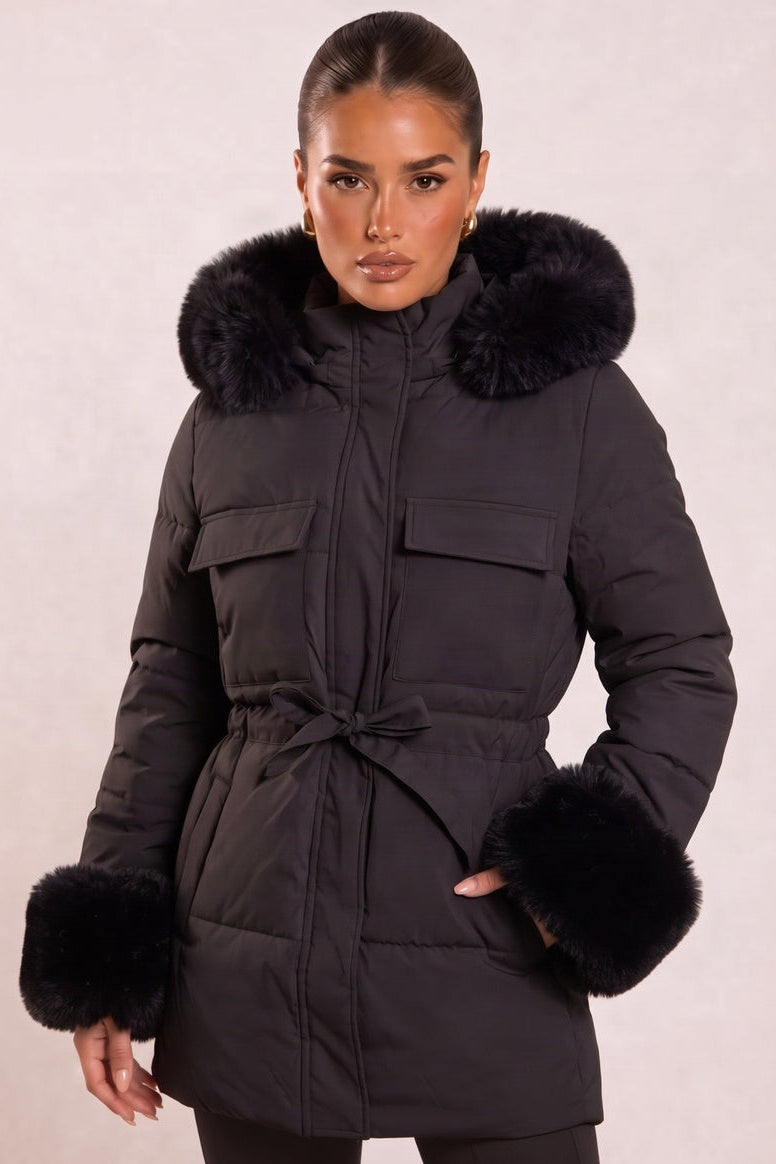 Black Faux Fur Trim Longline Puffer Jacket -  Candy