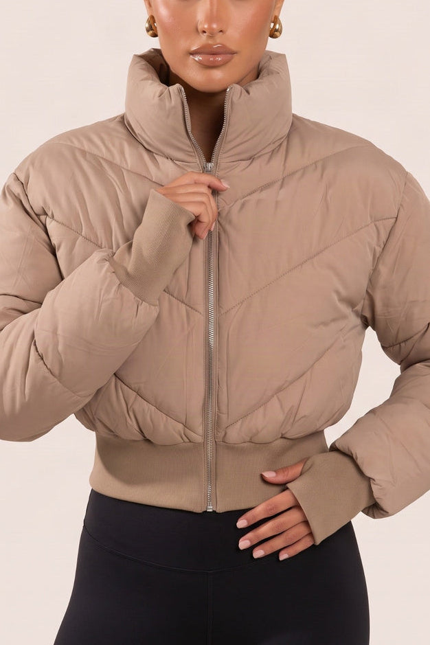 Stone High Neck Cinched Waist Puffer Jacket - Ravanna