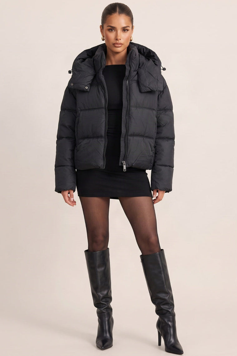 Black High Neck Hooded Cropped Puffer Coat - Cole