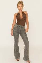 Washed Grey Stretch Flare Denim Jeans - Ronia