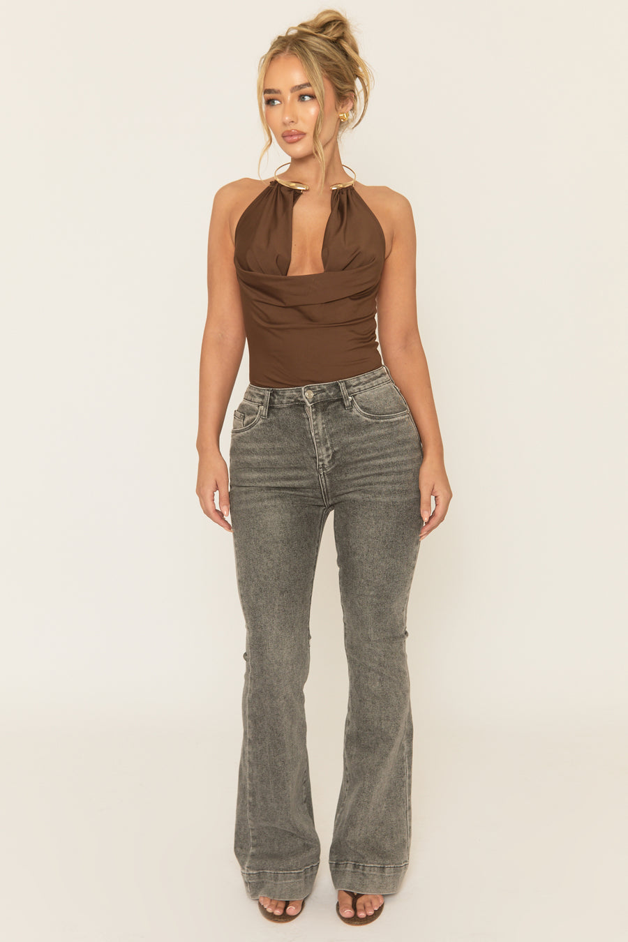 Washed Grey Stretch Flare Denim Jeans - Ronia