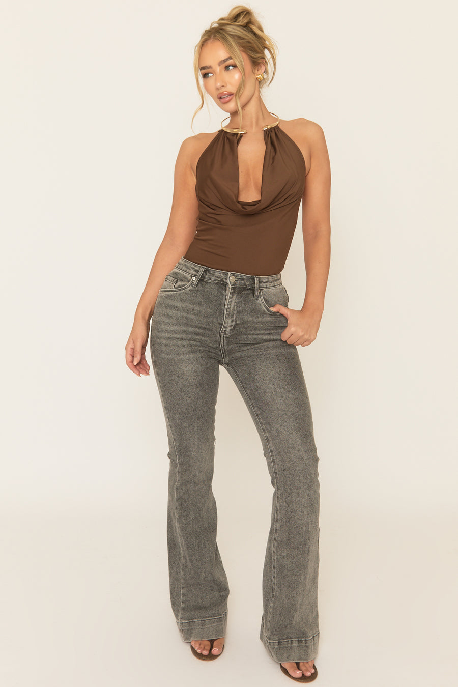 Washed Grey Stretch Flare Denim Jeans - Ronia