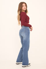 Mid Blue Stretch Wide Leg Denim Jeans - Lajoy