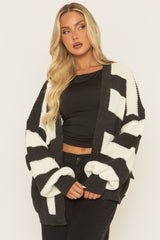 Black Stripe Balloon Sleeve Knit Cardigan - Elvia