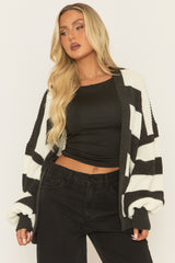 Black Stripe Balloon Sleeve Knit Cardigan - Elvia