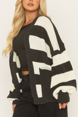 Black Stripe Balloon Sleeve Knit Cardigan - Elvia