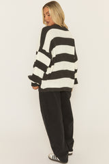 Black Stripe Balloon Sleeve Knit Cardigan - Elvia