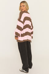 Pink Stripe Balloon Sleeve Knit Cardigan - Elvia