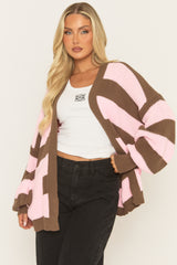 Pink Stripe Balloon Sleeve Knit Cardigan - Elvia