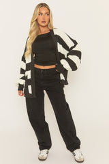 Black Stripe Balloon Sleeve Knit Cardigan - Elvia