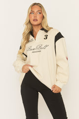 Cream Embroidered Sports Motif Collared Sweater - Haylea