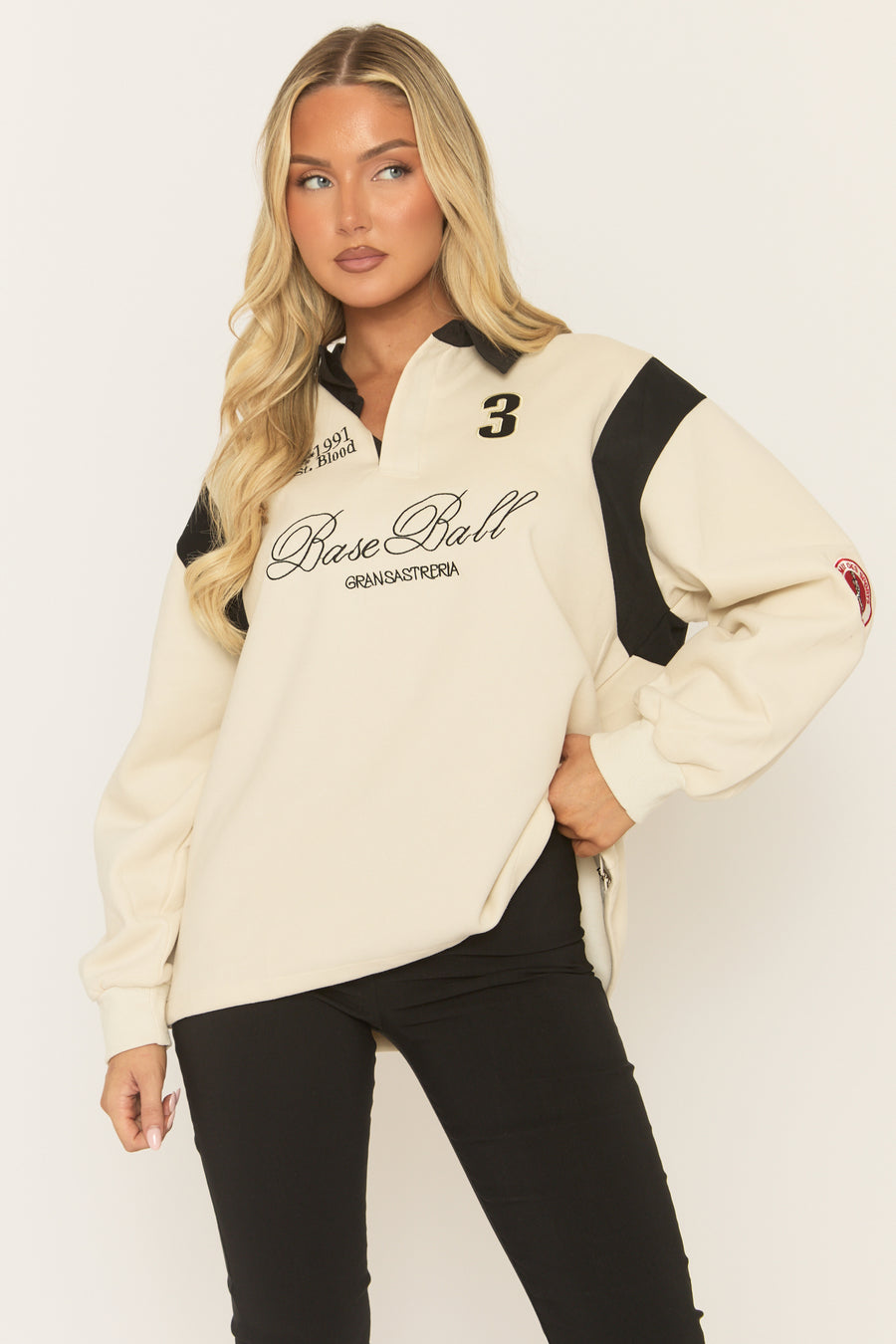 Cream Embroidered Sports Motif Collared Sweater - Haylea