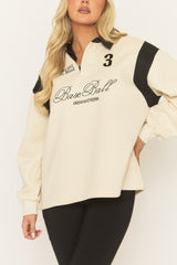 Cream Embroidered Sports Motif Collared Sweater - Haylea