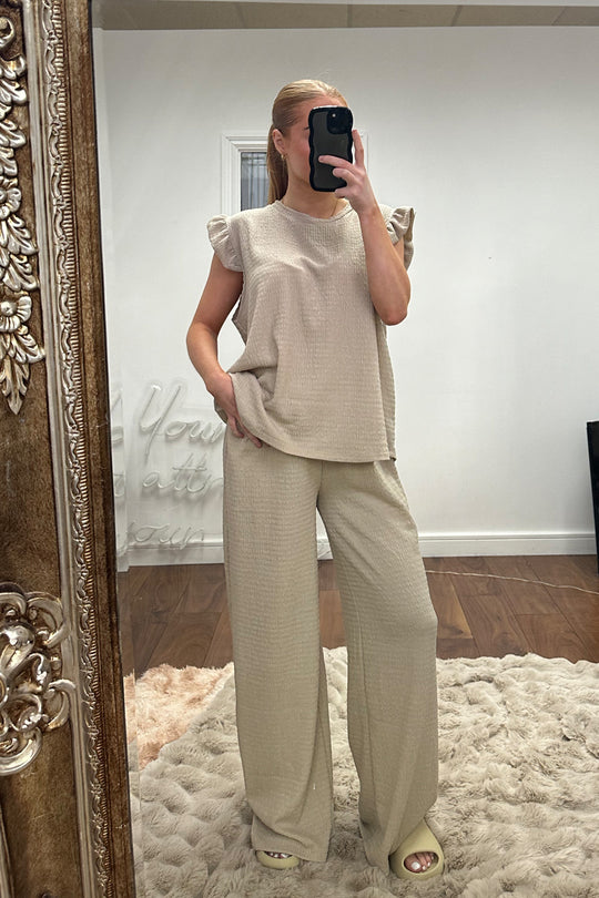 Stone Round Neck Frill Sleeve Top & Straight Leg Trousers Co-ord Set - Ruby