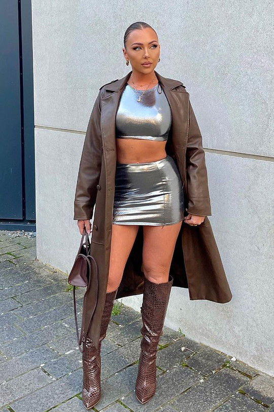 Silver Metallic Sleeveless Crop Top & Mini Skirt Set - Aiko