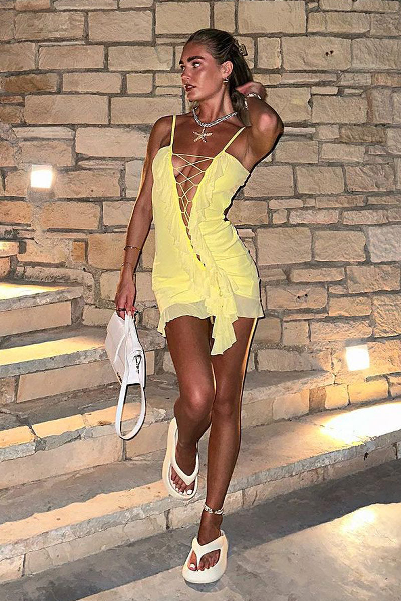 Yellow Lace Up Front Frill Detail Mini Dress - Anika