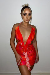 Orange Abstract Print Frill Detail Mini Dress - Anzu