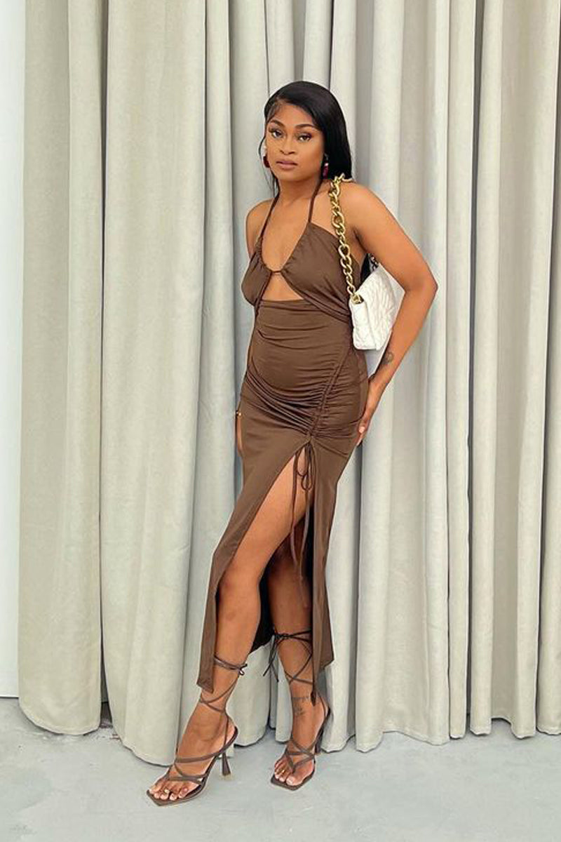 Brown Cut Out Ruched Halter Back Maxi Dress | Dress | Rebellious Fashion Brown Cut Out Ruched Halter Back Maxi Dress | Dress | Rebellious Fashion