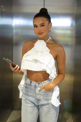 White Rosette Frill Detail Crop Top - Arisa