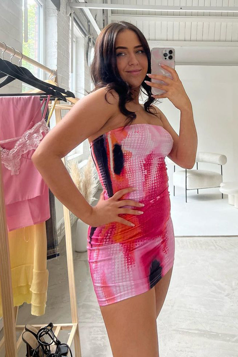 Pink Abstract Body Print Bandeau Mini Dress - Bongcha