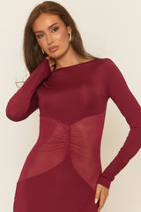 Wine Long Sleeve Mesh Insert Maxi Dress - Marnia