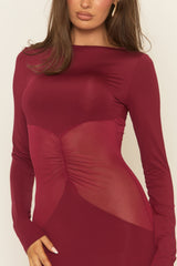 Wine Long Sleeve Mesh Insert Maxi Dress - Marnia