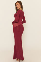 Wine Long Sleeve Mesh Insert Maxi Dress - Marnia