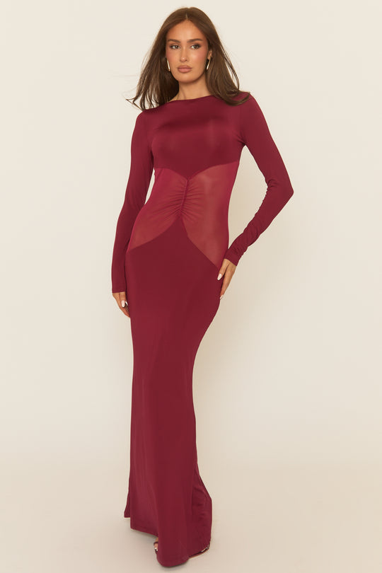 Wine Long Sleeve Mesh Insert Maxi Dress - Marnia