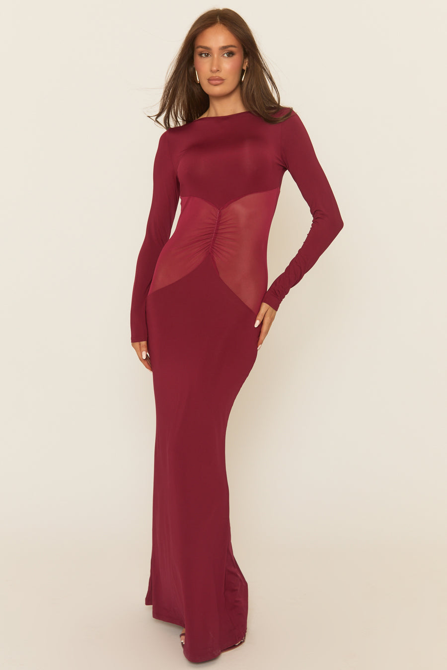 Wine Long Sleeve Mesh Insert Maxi Dress - Marnia