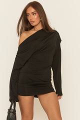 Black Slouchy One Shoulder Long Sleeve Mini Dress - Jillie