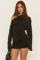 Black Slouchy One Shoulder Long Sleeve Mini Dress - Jillie