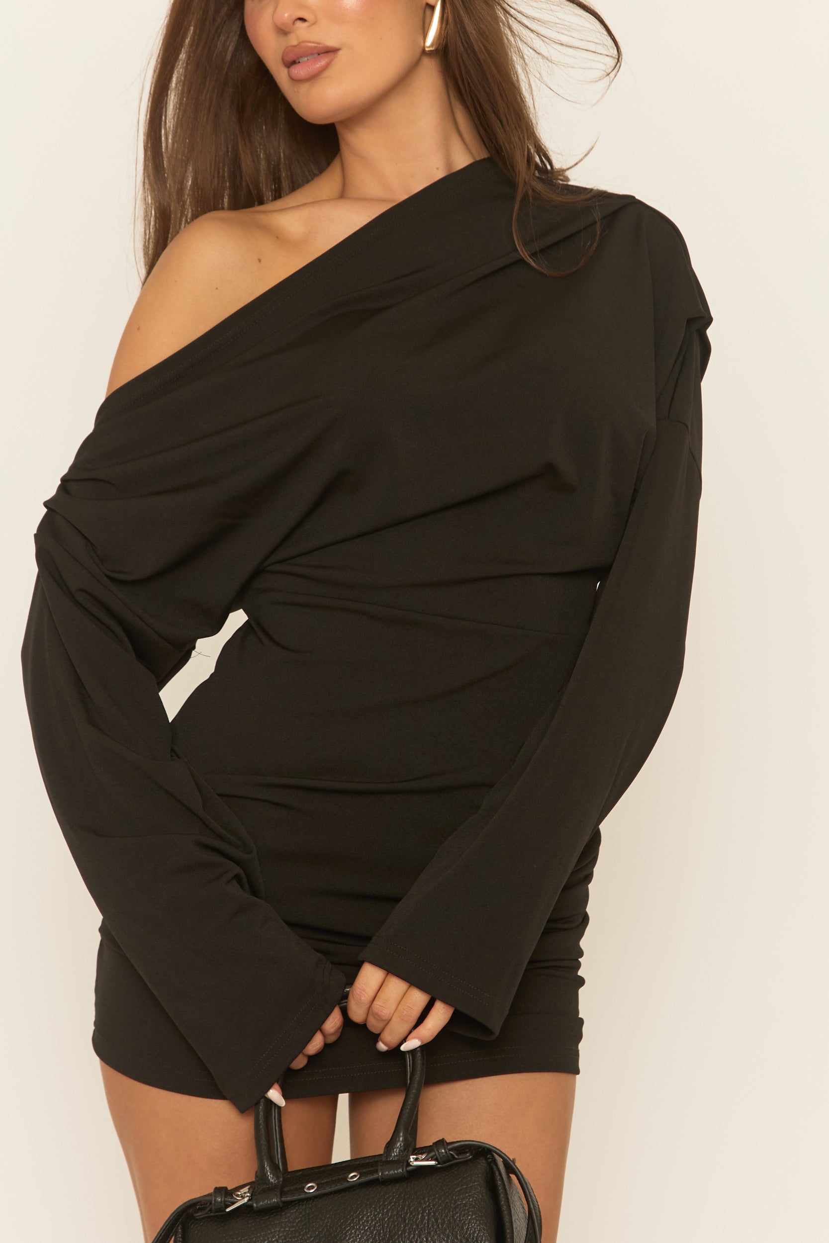 one shoulder long sleeve black mini dress Alyce Mini Dress