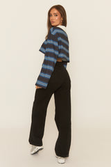 Black Stripe Long Sleeve Collared Crop Top - Marnee