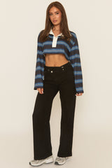 Black Stripe Long Sleeve Collared Crop Top - Marnee