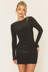 Black Long Sleeve Scoop Back Mini Dress - Arren