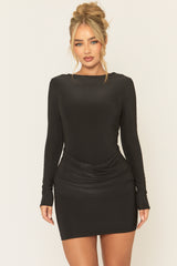 Black Long Sleeve Scoop Back Mini Dress - Arren