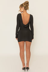 Black Long Sleeve Scoop Back Mini Dress - Arren