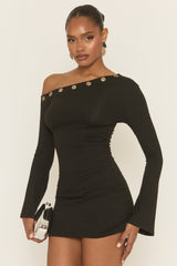 Black Eyelet Trim Asymmetric Mini Dress - Evia