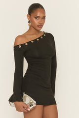 Black Eyelet Trim Asymmetric Mini Dress - Evia