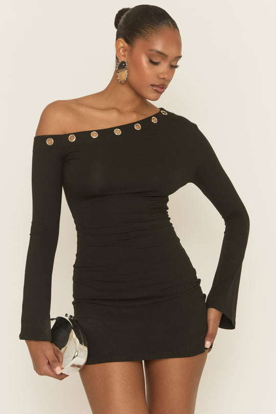 Black Eyelet Trim Asymmetric Mini Dress - Evia