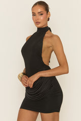 Black Drape Front Halter Mini Dress - Carren