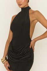 Black Drape Front Halter Mini Dress - Carren