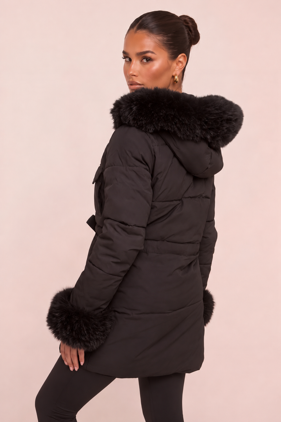 Black Faux Fur Trim Longline Puffer Jacket -  Candy